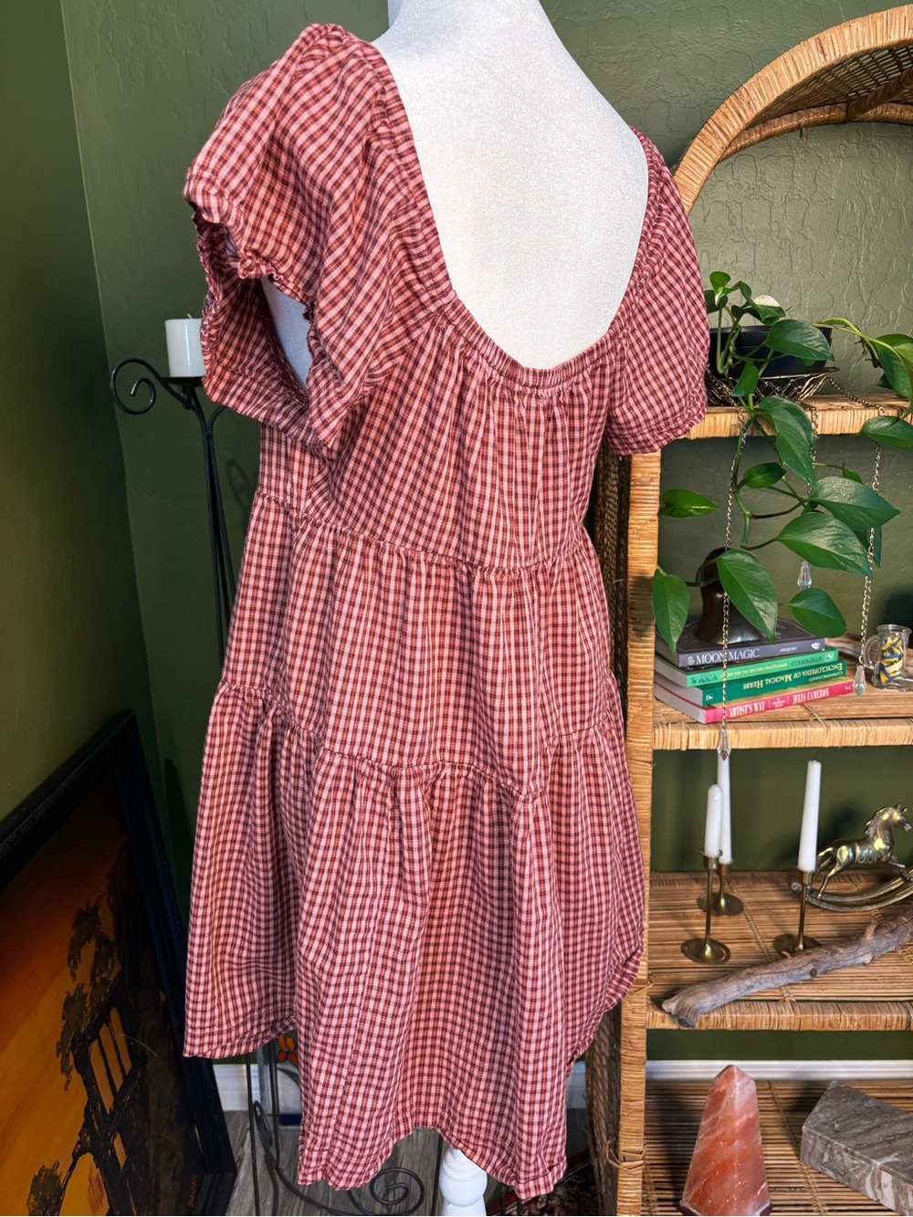 Old Navy Pink & Rust Gingham Plaid Elastic Waist Off Shoulder Tiered Dress - Picture 2 of 3